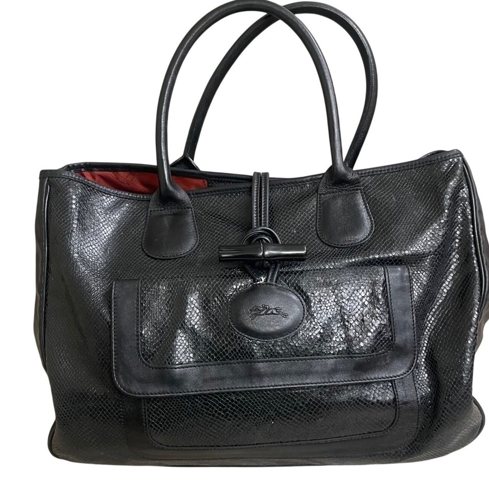 Longchamp Roseau Black Snakeskin Embossed Leather Tote Bag FRANCE Bamboo Toggle